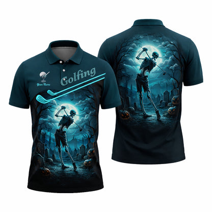 Halloween Skeleton Golf Polo Shirt Personalized Golfing Skull Moon Graphic Performance Polo