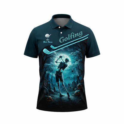 Halloween Skeleton Golf Polo Shirt Personalized Golfing Skull Moon Graphic Performance Polo