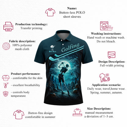 Halloween Skeleton Golf Polo Shirt Personalized Golfing Skull Moon Graphic Performance Polo