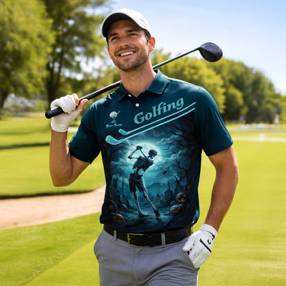 Halloween Skeleton Golf Polo Shirt Personalized Golfing Skull Moon Graphic Performance Polo
