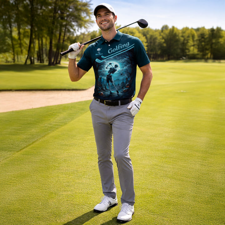 Halloween Skeleton Golf Polo Shirt Personalized Golfing Skull Moon Graphic Performance Polo