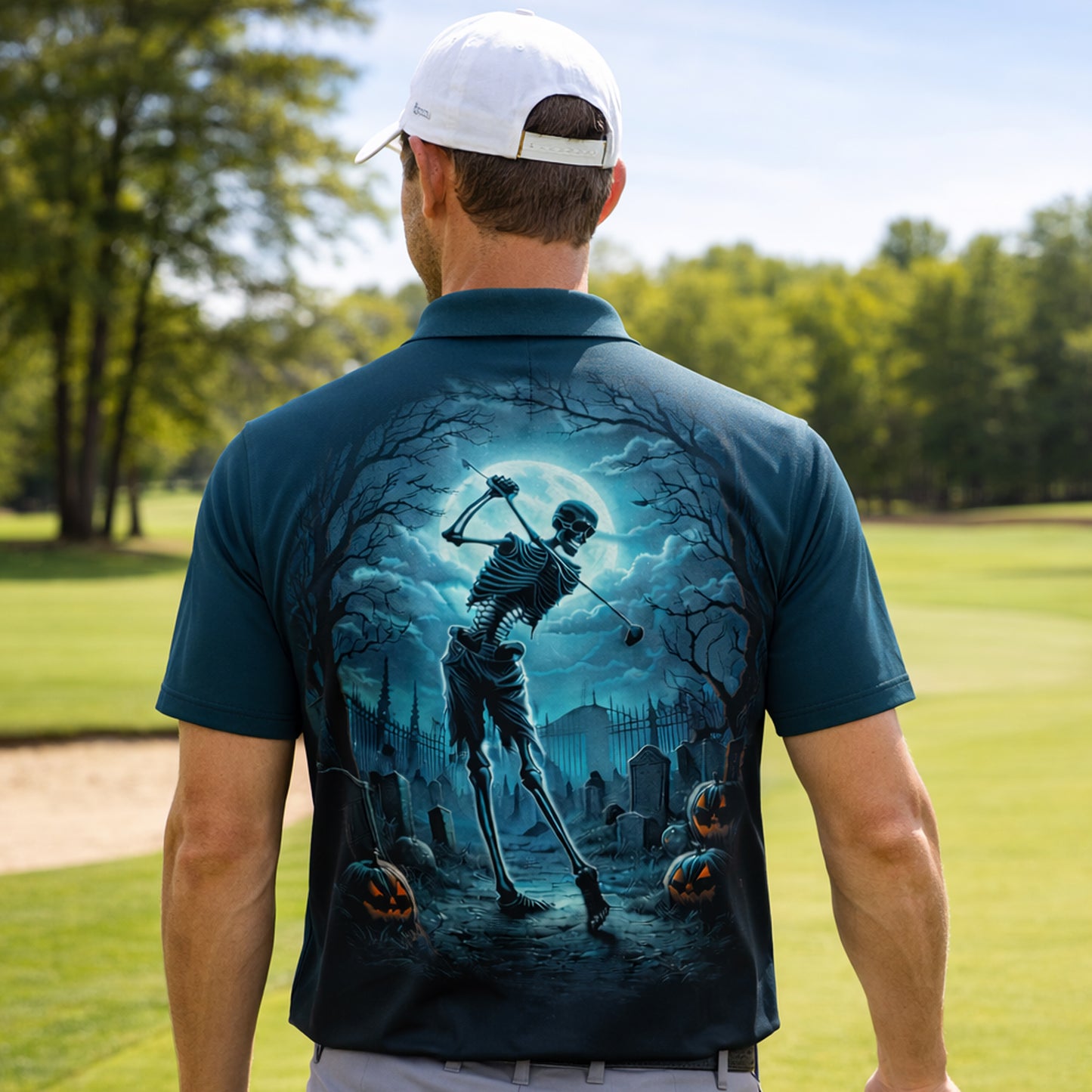 Halloween Skeleton Golf Polo Shirt Personalized Golfing Skull Moon Graphic Performance Polo