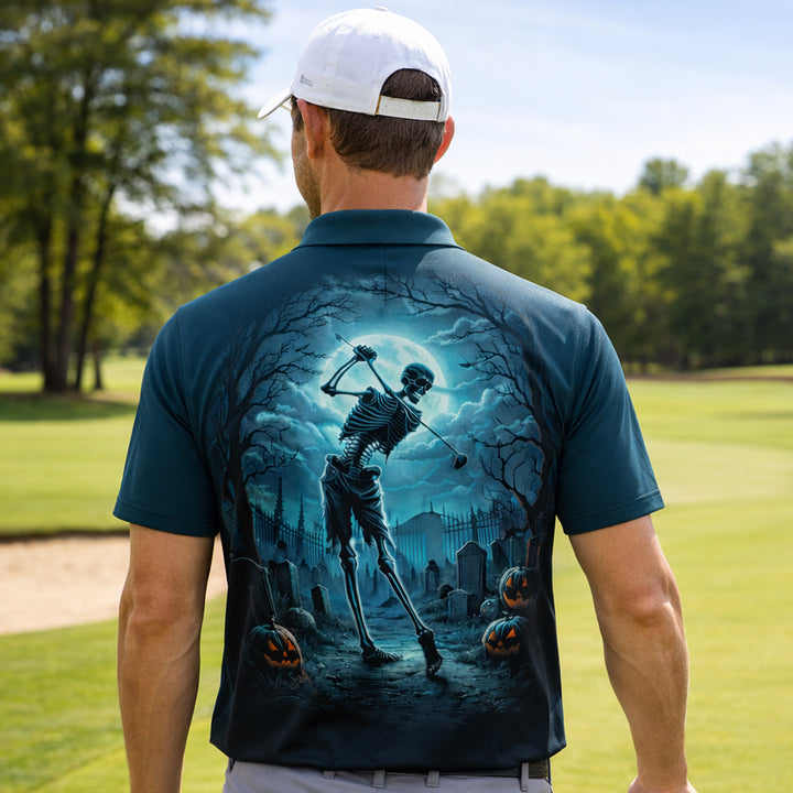 Halloween Skeleton Golf Polo Shirt Personalized Golfing Skull Moon Graphic Performance Polo