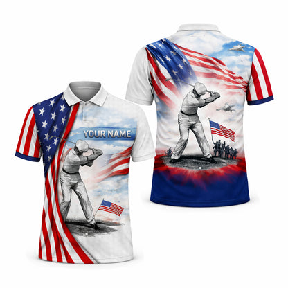 Patriotic Golf Polo Shirt Custom Name USA Flag Golfer Performance Polo Shirt Men