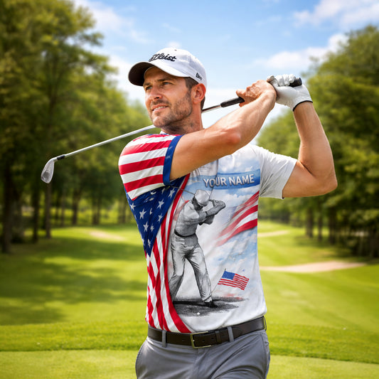 Patriotic Golf Polo Shirt Custom Name USA Flag Golfer Performance Polo Shirt Men