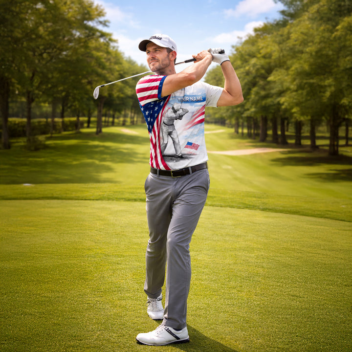 Patriotic Golf Polo Shirt Custom Name USA Flag Golfer Performance Polo Shirt Men