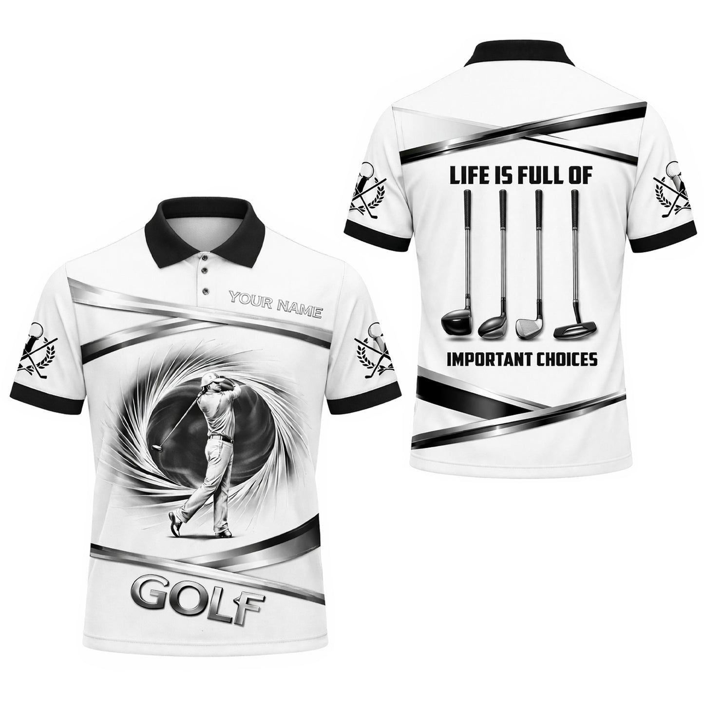 Golf Polo Shirt Custom Name Black White Classic Golf Player Performance Short Sleeve Unisex