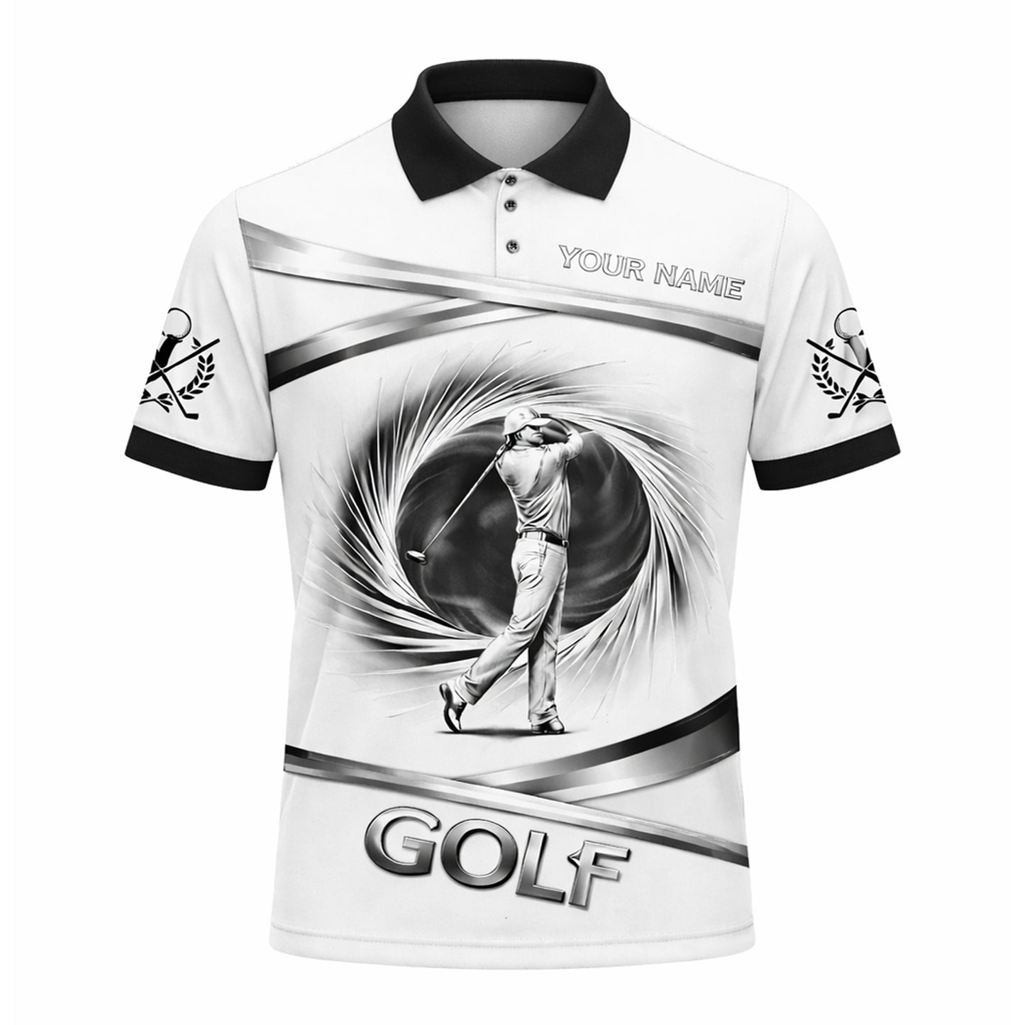 Golf Polo Shirt Custom Name Black White Classic Golf Player Performance Short Sleeve Unisex