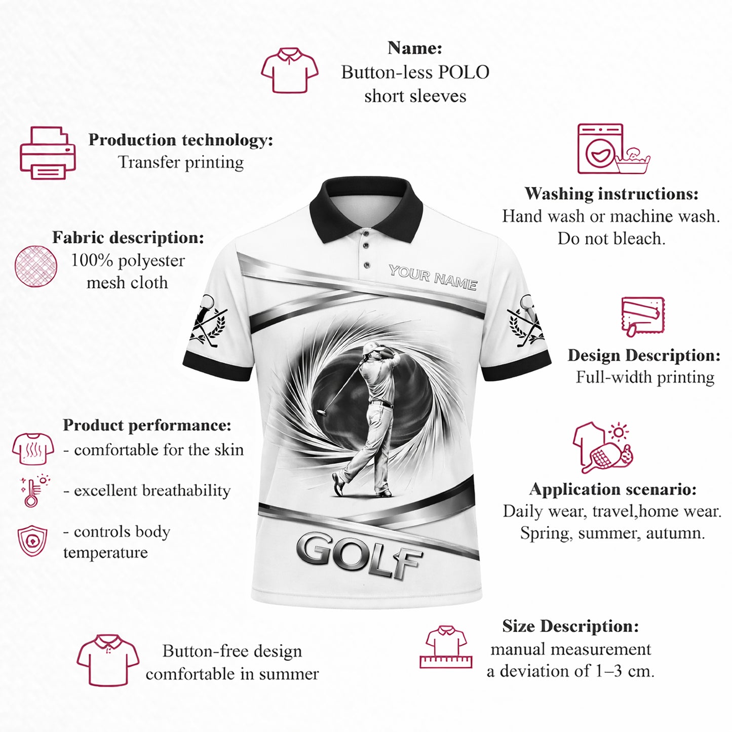 Golf Polo Shirt Custom Name Black White Classic Golf Player Performance Short Sleeve Unisex