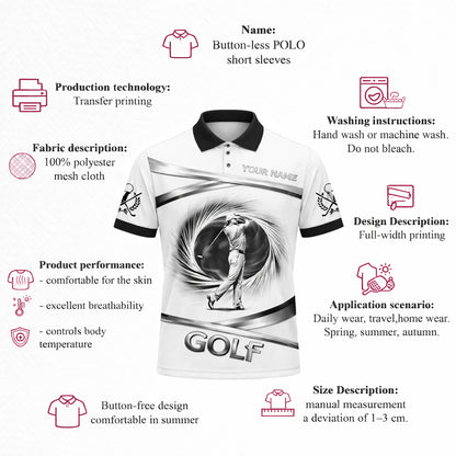 Golf Polo Shirt Custom Name Black White Classic Golf Player Performance Short Sleeve Unisex