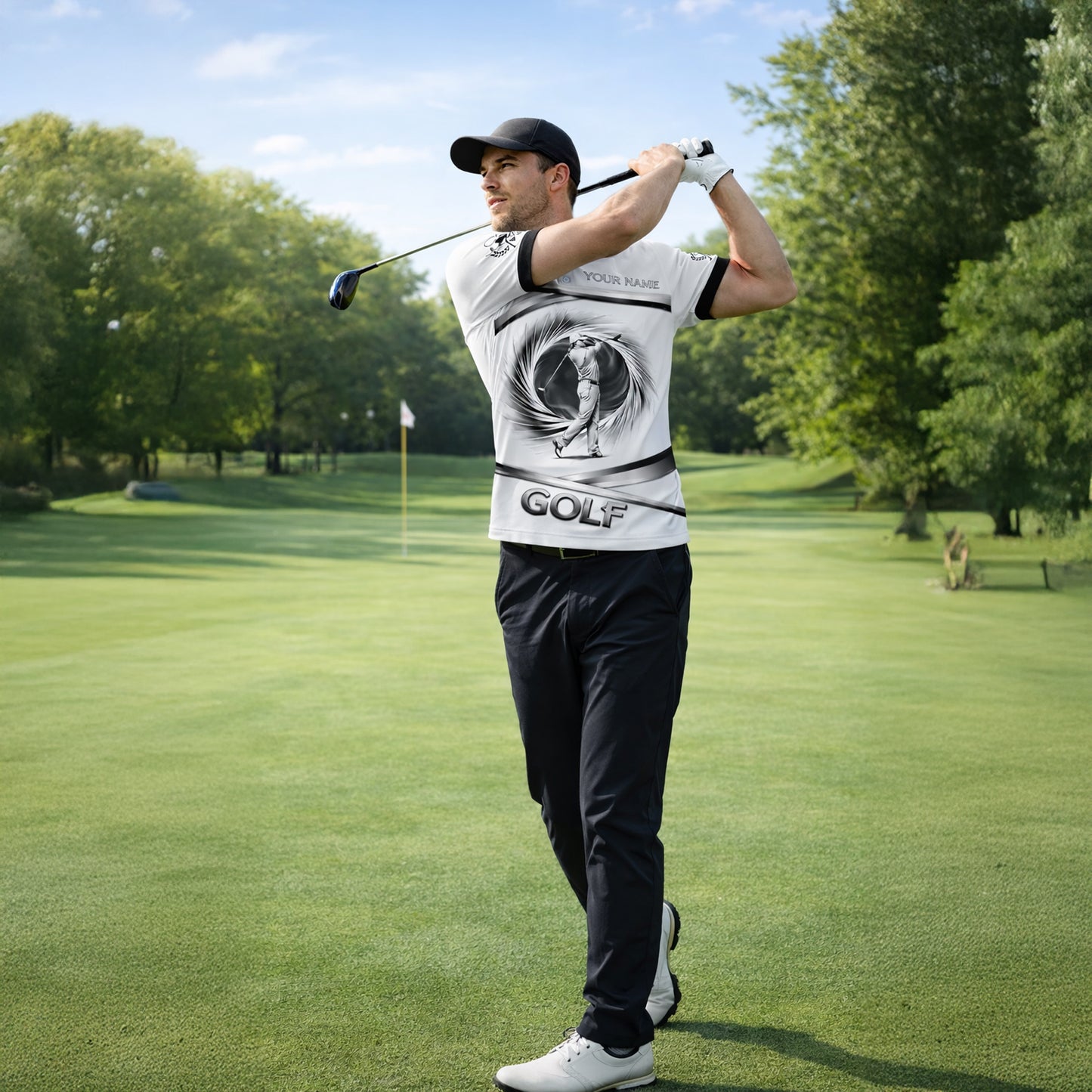 Golf Polo Shirt Custom Name Black White Classic Golf Player Performance Short Sleeve Unisex