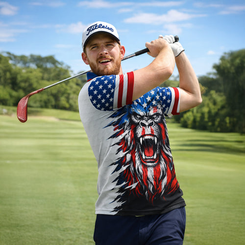 Patriotic Golf Polo Shirt Custom Name USA Flag Lion Design All Over Print Performance Shirt