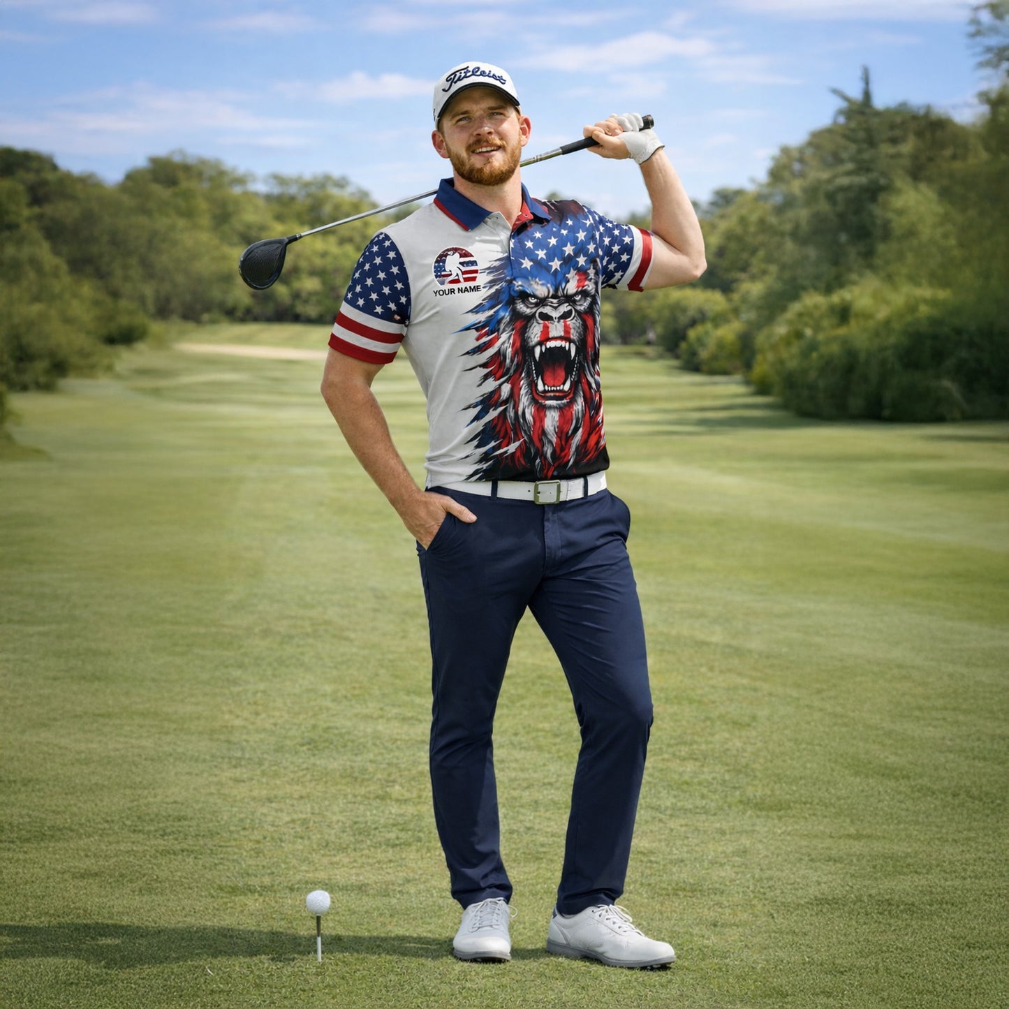 Patriotic Golf Polo Shirt Custom Name USA Flag Lion Design All Over Print Performance Shirt