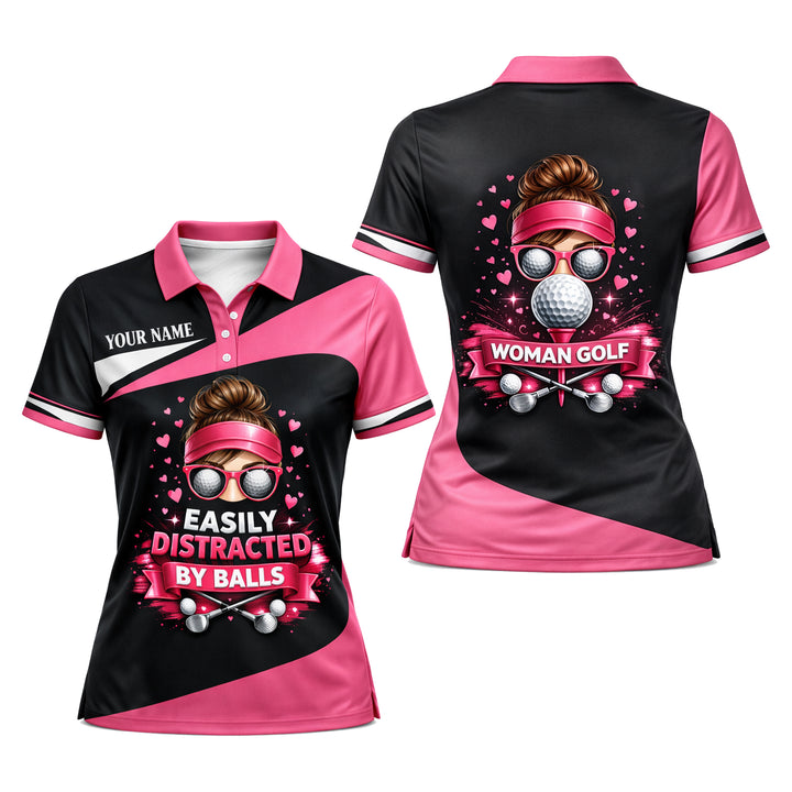 Women Golf Polo Shirt Funny Easily Distracted By Balls Custom Name Performance Pink Black Golf Shirt
