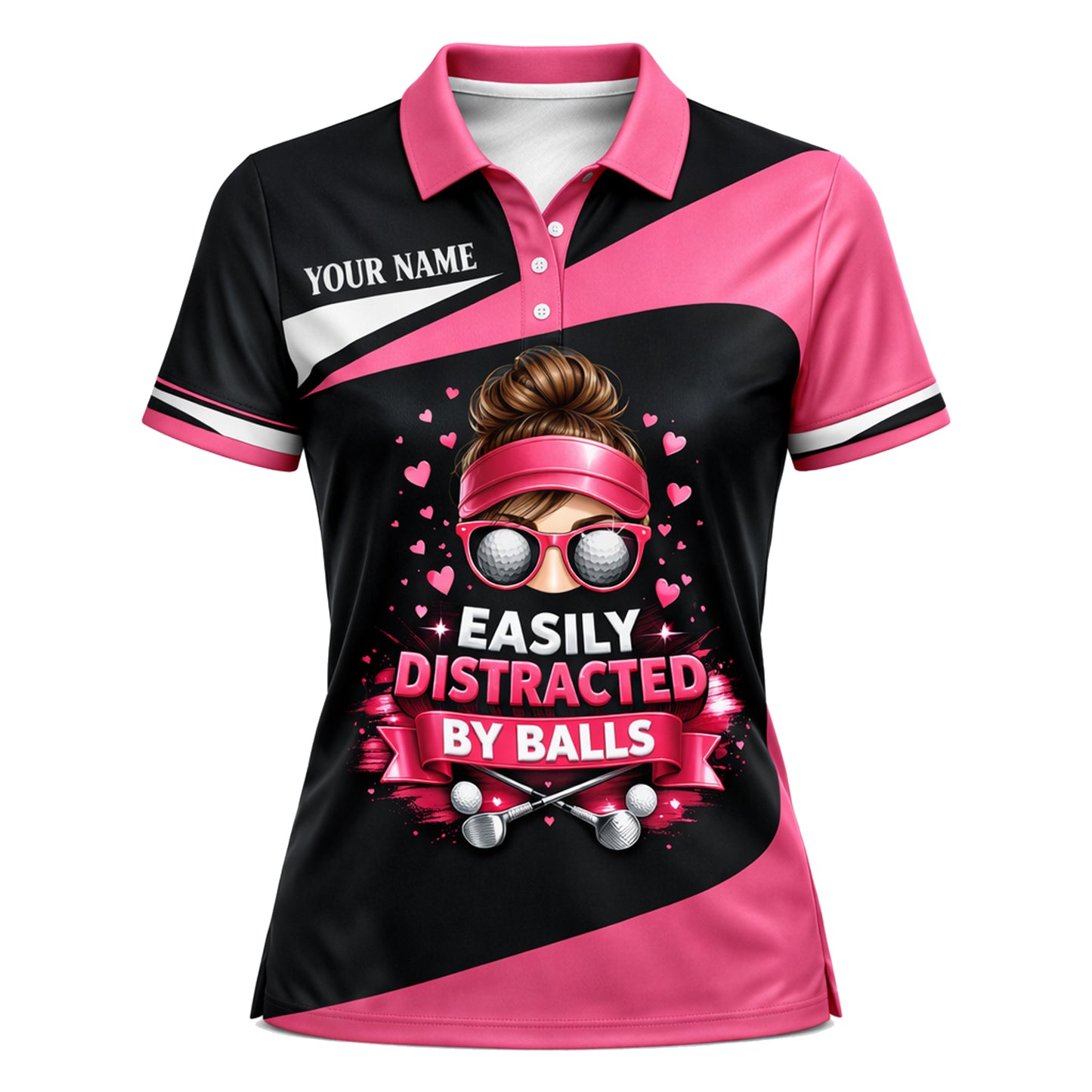 Women Golf Polo Shirt Funny Easily Distracted By Balls Custom Name Performance Pink Black Golf Shirt