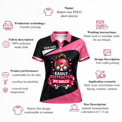 Women Golf Polo Shirt Funny Easily Distracted By Balls Custom Name Performance Pink Black Golf Shirt