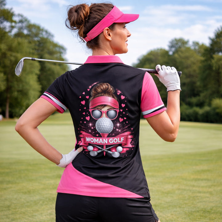 Women Golf Polo Shirt Funny Easily Distracted By Balls Custom Name Performance Pink Black Golf Shirt