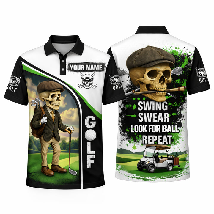 Skull Golf Polo Shirt Funny Swing Swear Look For Ball Repeat Personalized Name Performance Shirt