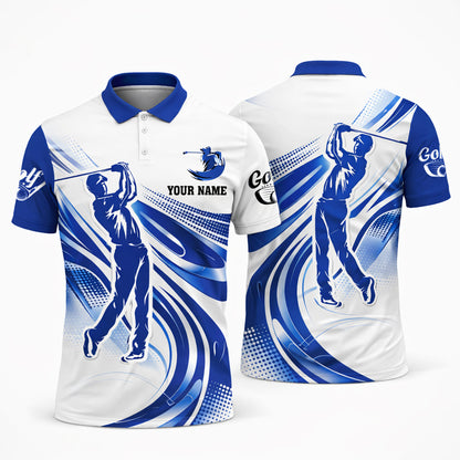 Custom Golf Polo Shirt Personalized Name Blue White Golfer Swing Performance Polo for Men