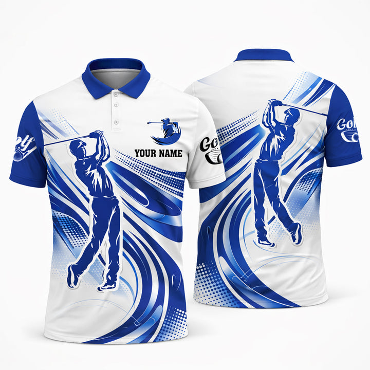 Custom Golf Polo Shirt Personalized Name Blue White Golfer Swing Performance Polo for Men
