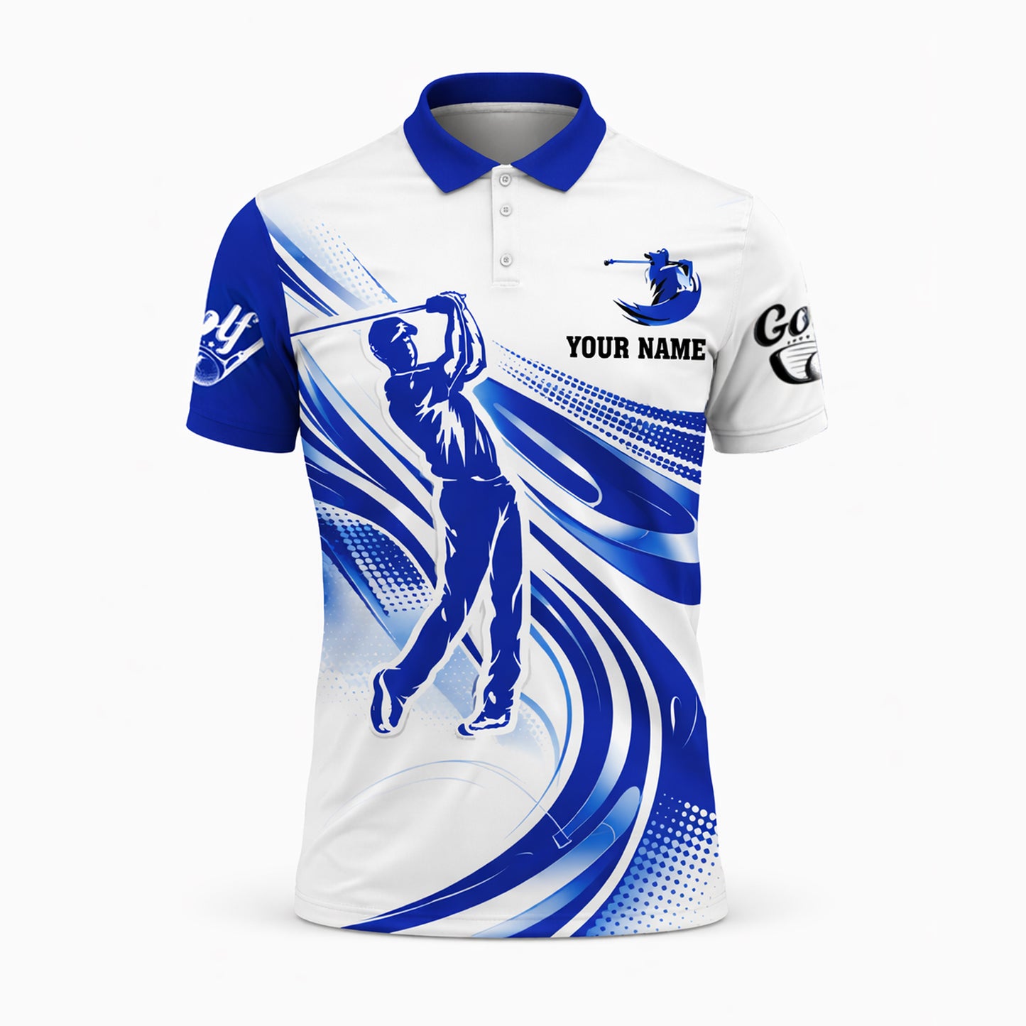 Custom Golf Polo Shirt Personalized Name Blue White Golfer Swing Performance Polo for Men
