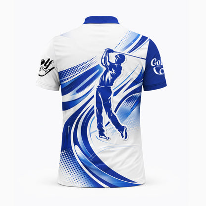 Custom Golf Polo Shirt Personalized Name Blue White Golfer Swing Performance Polo for Men