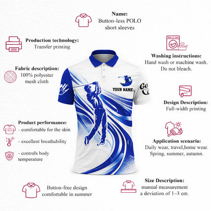 Custom Golf Polo Shirt Personalized Name Blue White Golfer Swing Performance Polo for Men