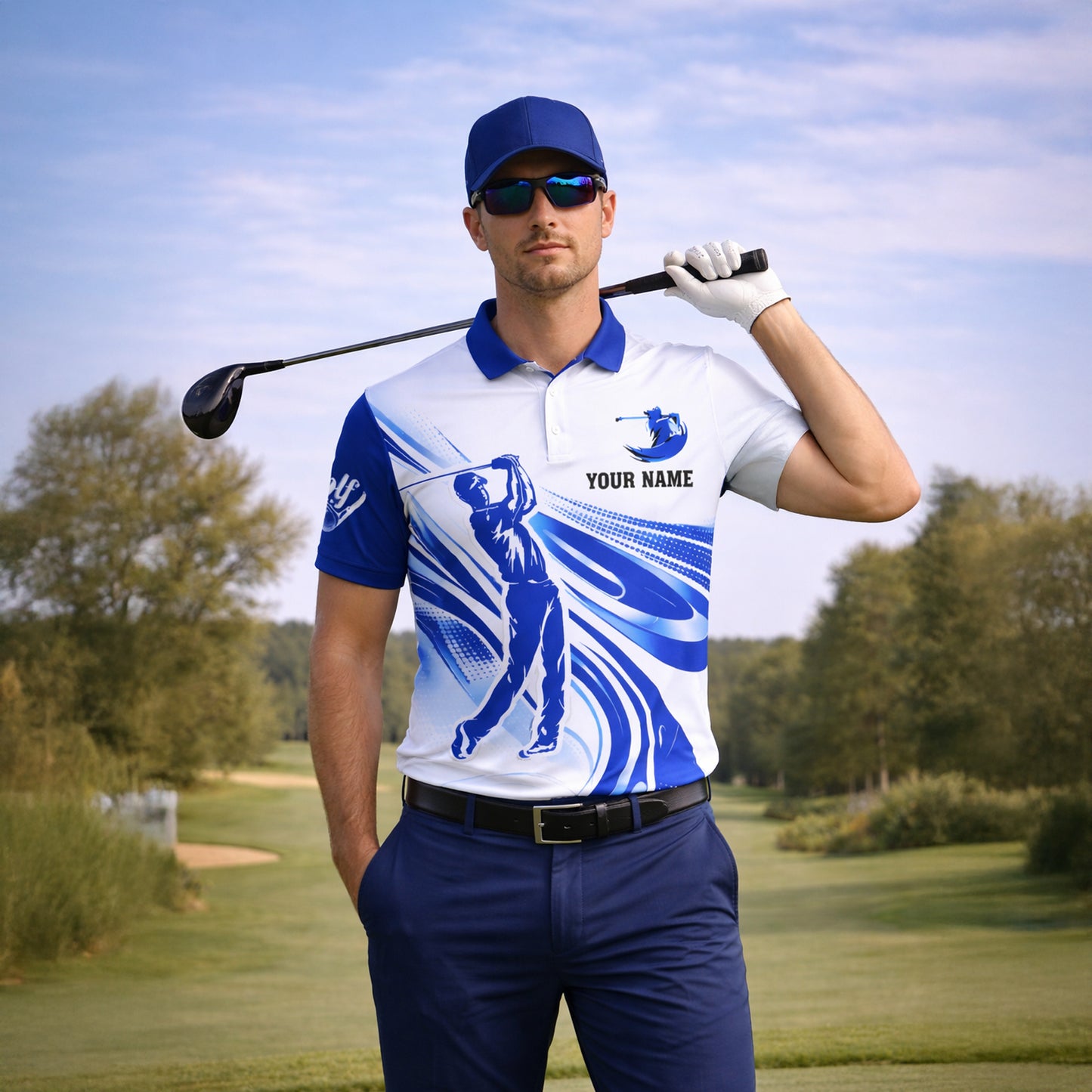 Custom Golf Polo Shirt Personalized Name Blue White Golfer Swing Performance Polo for Men