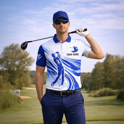 Custom Golf Polo Shirt Personalized Name Blue White Golfer Swing Performance Polo for Men