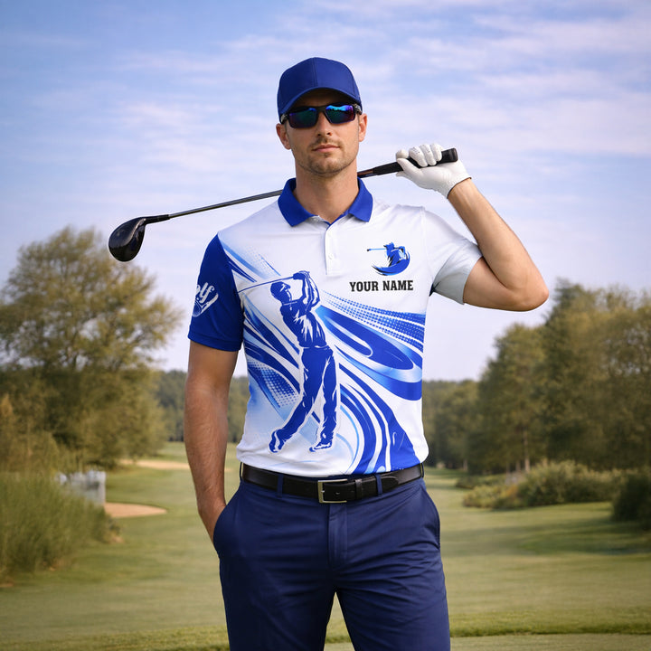 Custom Golf Polo Shirt Personalized Name Blue White Golfer Swing Performance Polo for Men
