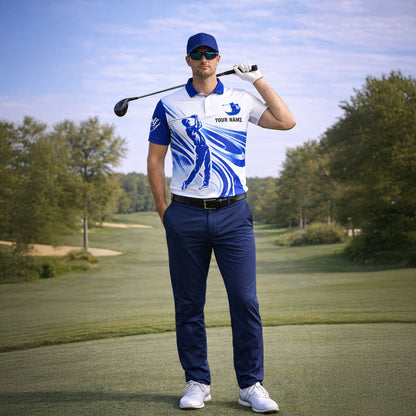 Custom Golf Polo Shirt Personalized Name Blue White Golfer Swing Performance Polo for Men