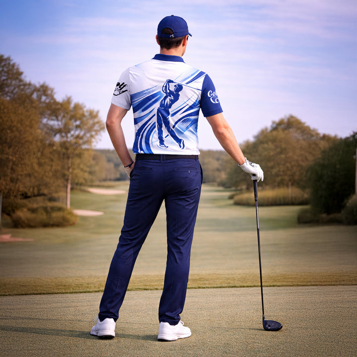 Custom Golf Polo Shirt Personalized Name Blue White Golfer Swing Performance Polo for Men