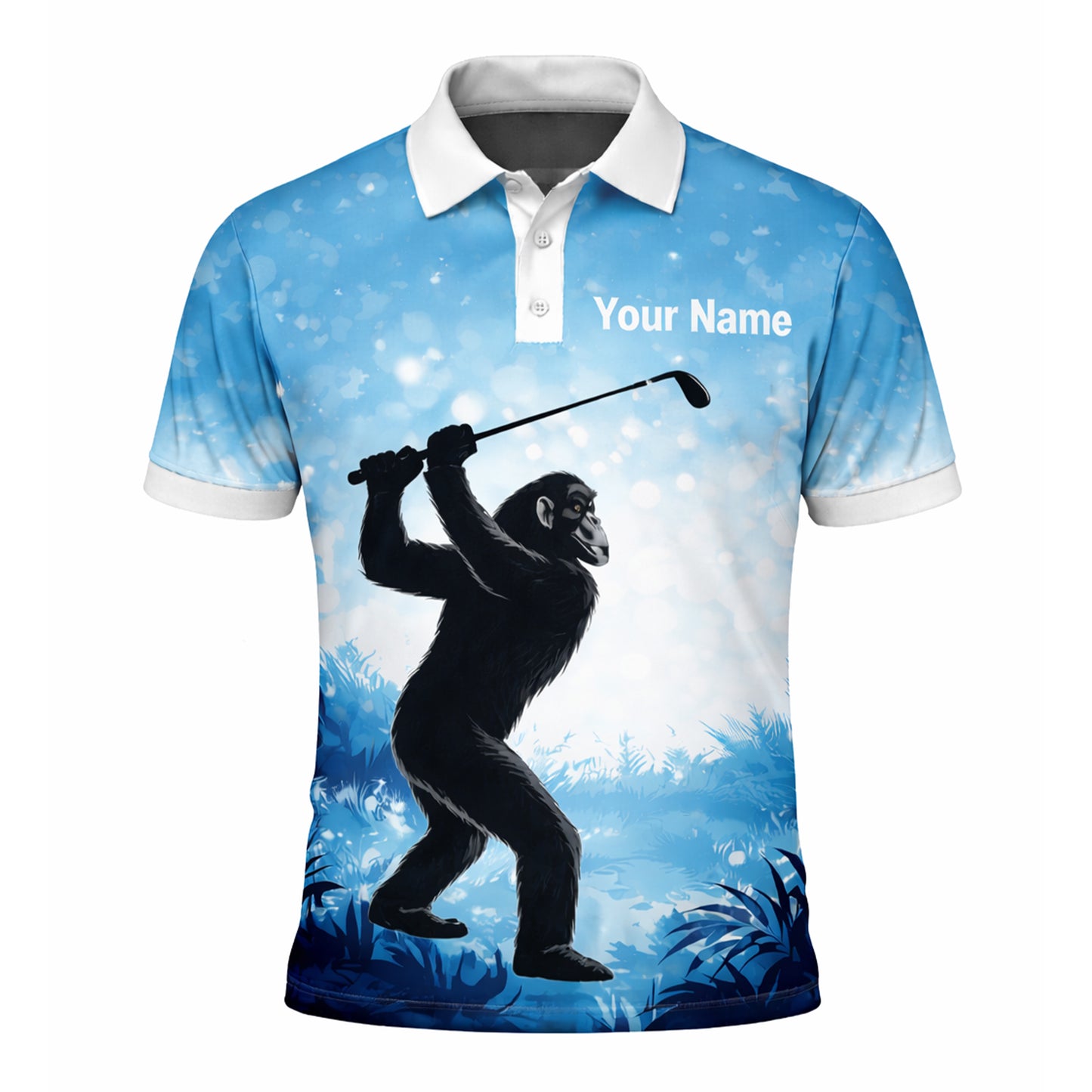 Funny Bigfoot Golf Polo Shirt Custom Name Not All Who Wander Are Lost Golfer Gift Blue Performance Polo