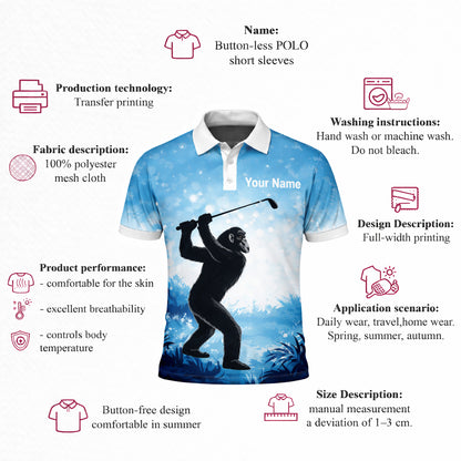 Funny Bigfoot Golf Polo Shirt Custom Name Not All Who Wander Are Lost Golfer Gift Blue Performance Polo