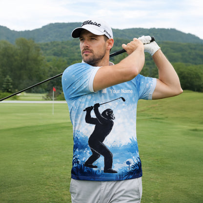 Funny Bigfoot Golf Polo Shirt Custom Name Not All Who Wander Are Lost Golfer Gift Blue Performance Polo