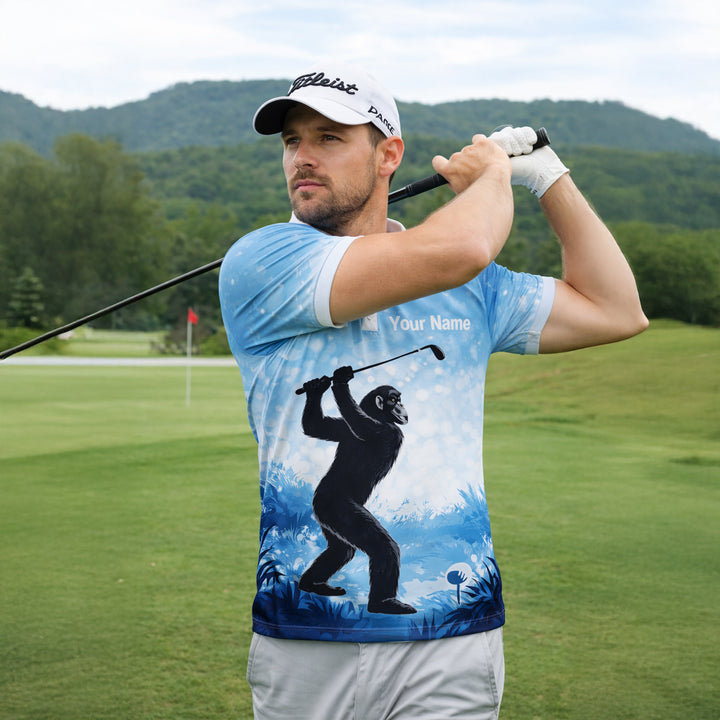 Funny Bigfoot Golf Polo Shirt Custom Name Not All Who Wander Are Lost Golfer Gift Blue Performance Polo