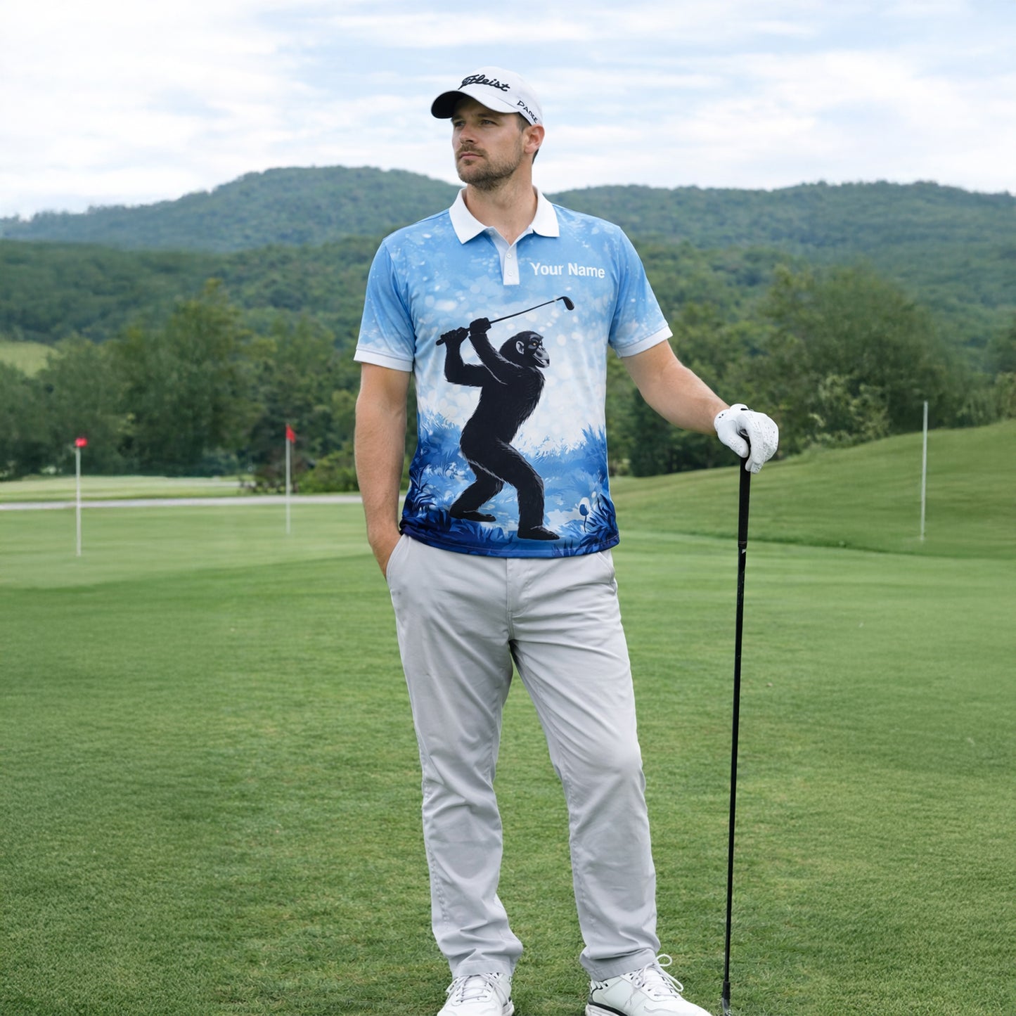 Funny Bigfoot Golf Polo Shirt Custom Name Not All Who Wander Are Lost Golfer Gift Blue Performance Polo