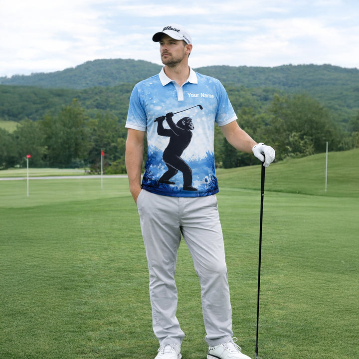 Funny Bigfoot Golf Polo Shirt Custom Name Not All Who Wander Are Lost Golfer Gift Blue Performance Polo