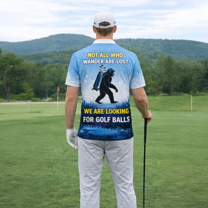 Funny Bigfoot Golf Polo Shirt Custom Name Not All Who Wander Are Lost Golfer Gift Blue Performance Polo