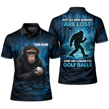 Funny Golf Polo Shirt Bigfoot Golfer Not All Who Wander Are Lost Custom Name Performance Polo