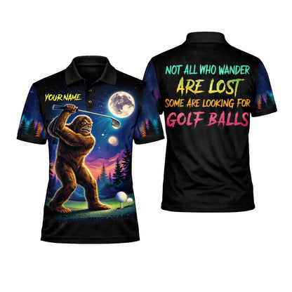 Funny Bigfoot Golf Polo Shirt Personalized Name Sasquatch Golfer Night Scene Graphic Shirt