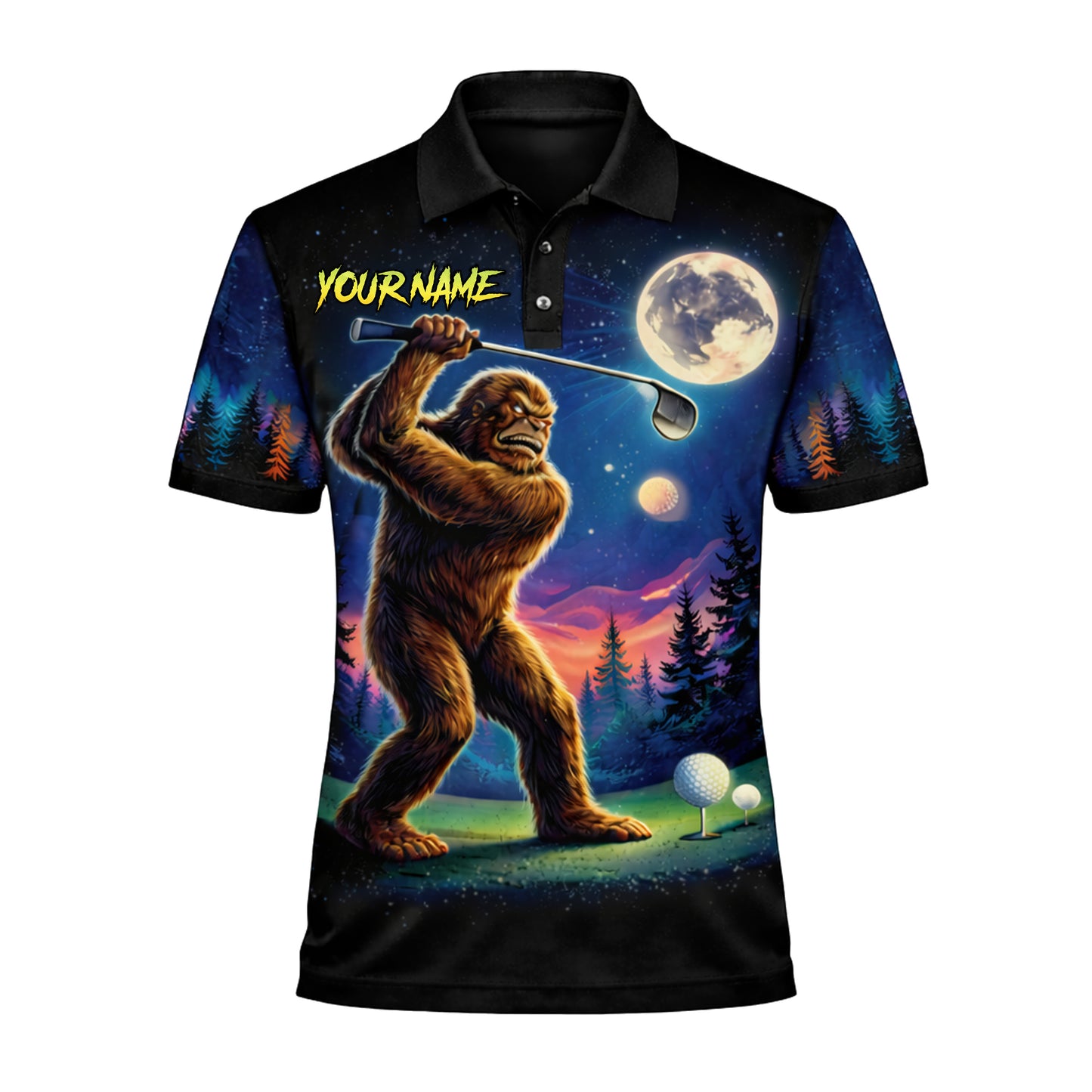 Funny Bigfoot Golf Polo Shirt Personalized Name Sasquatch Golfer Night Scene Graphic Shirt