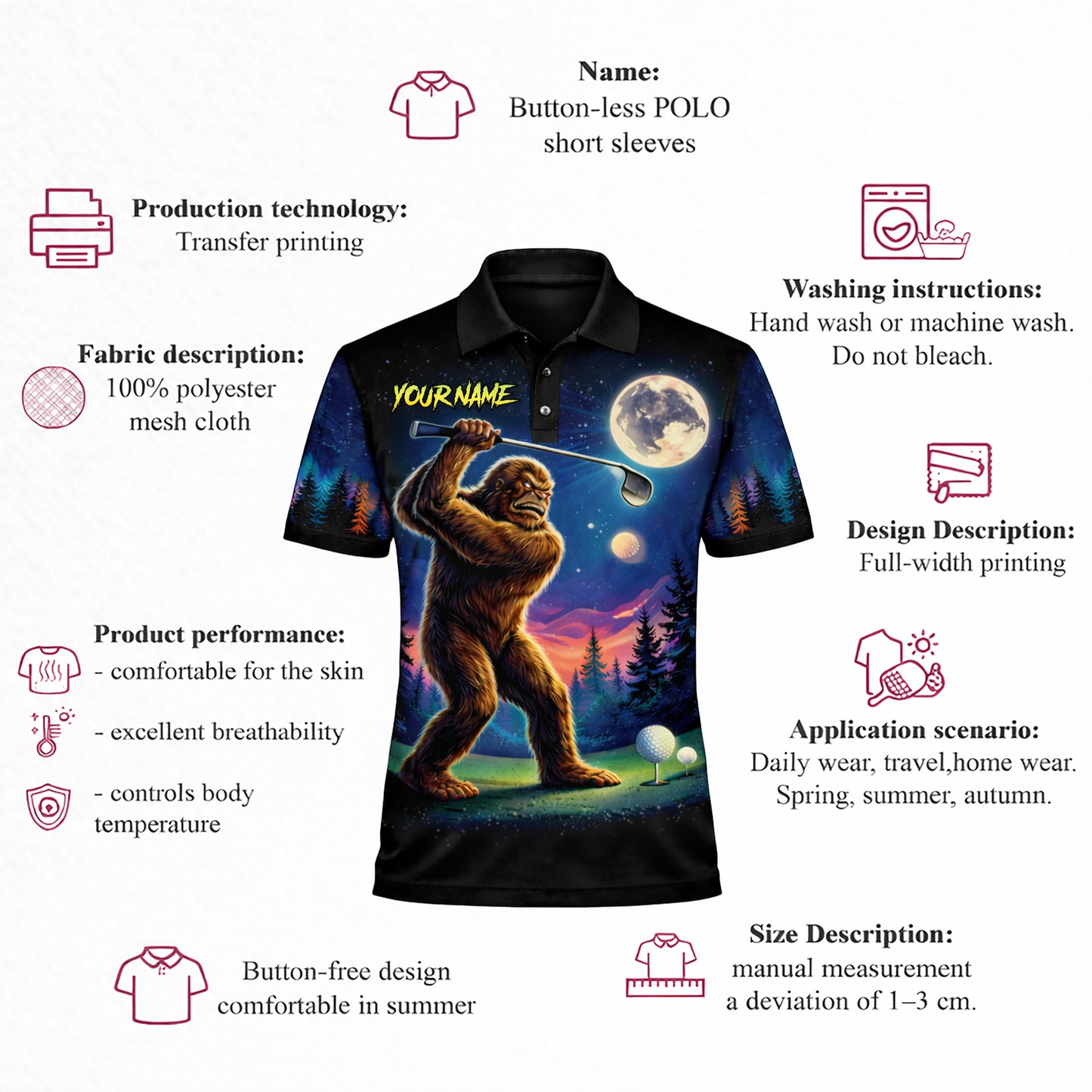 Funny Bigfoot Golf Polo Shirt Personalized Name Sasquatch Golfer Night Scene Graphic Shirt