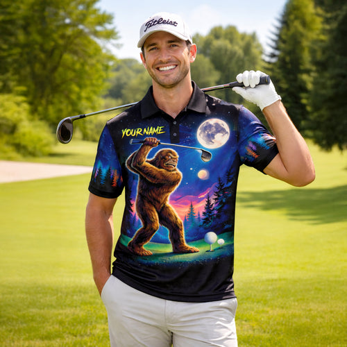 Funny Bigfoot Golf Polo Shirt Personalized Name Sasquatch Golfer Night Scene Graphic Shirt