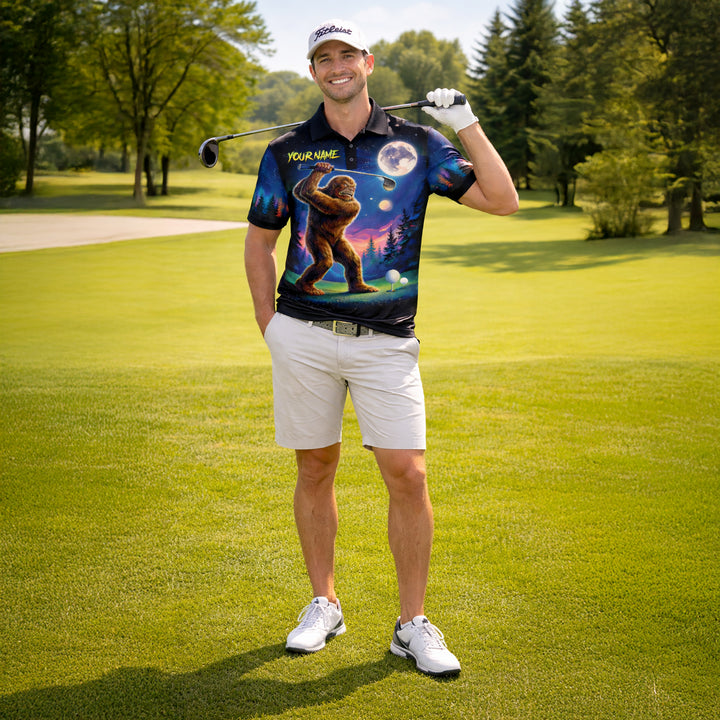 Funny Bigfoot Golf Polo Shirt Personalized Name Sasquatch Golfer Night Scene Graphic Shirt