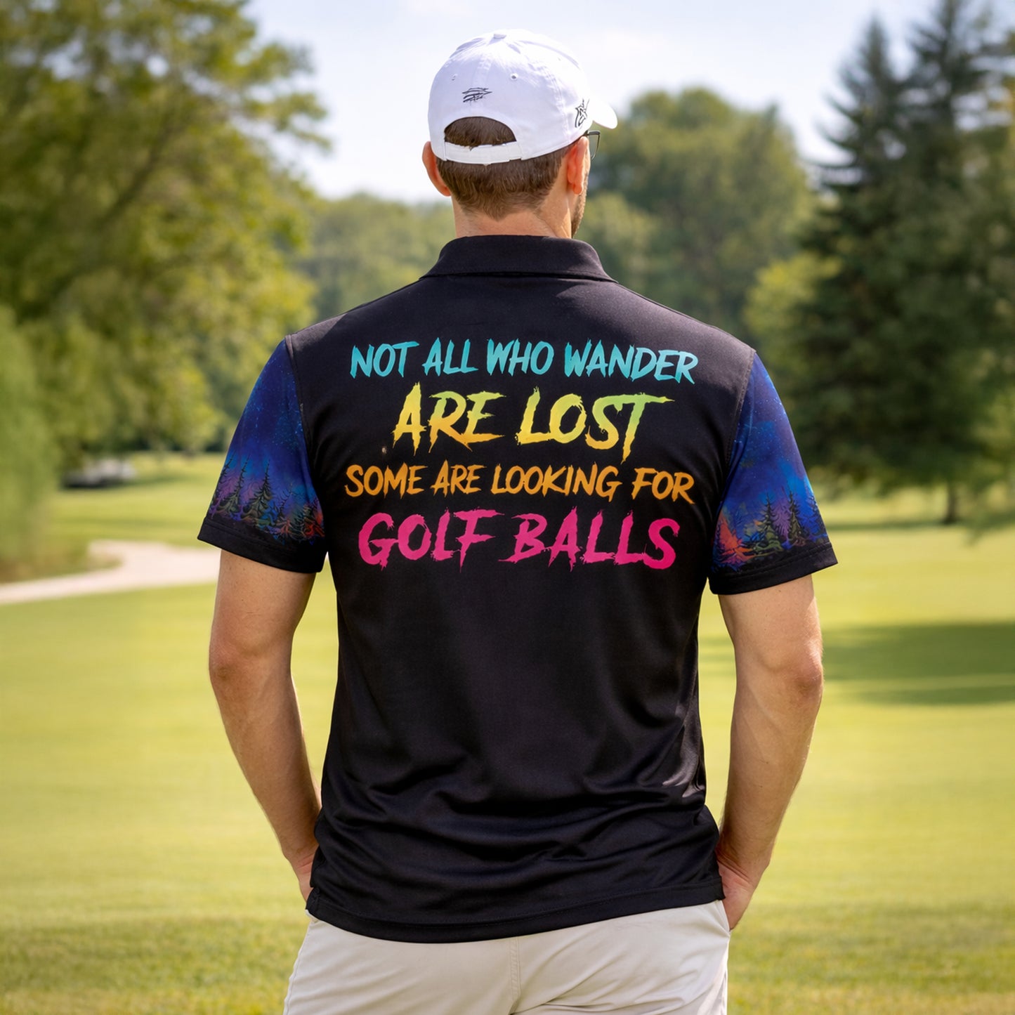 Funny Bigfoot Golf Polo Shirt Personalized Name Sasquatch Golfer Night Scene Graphic Shirt