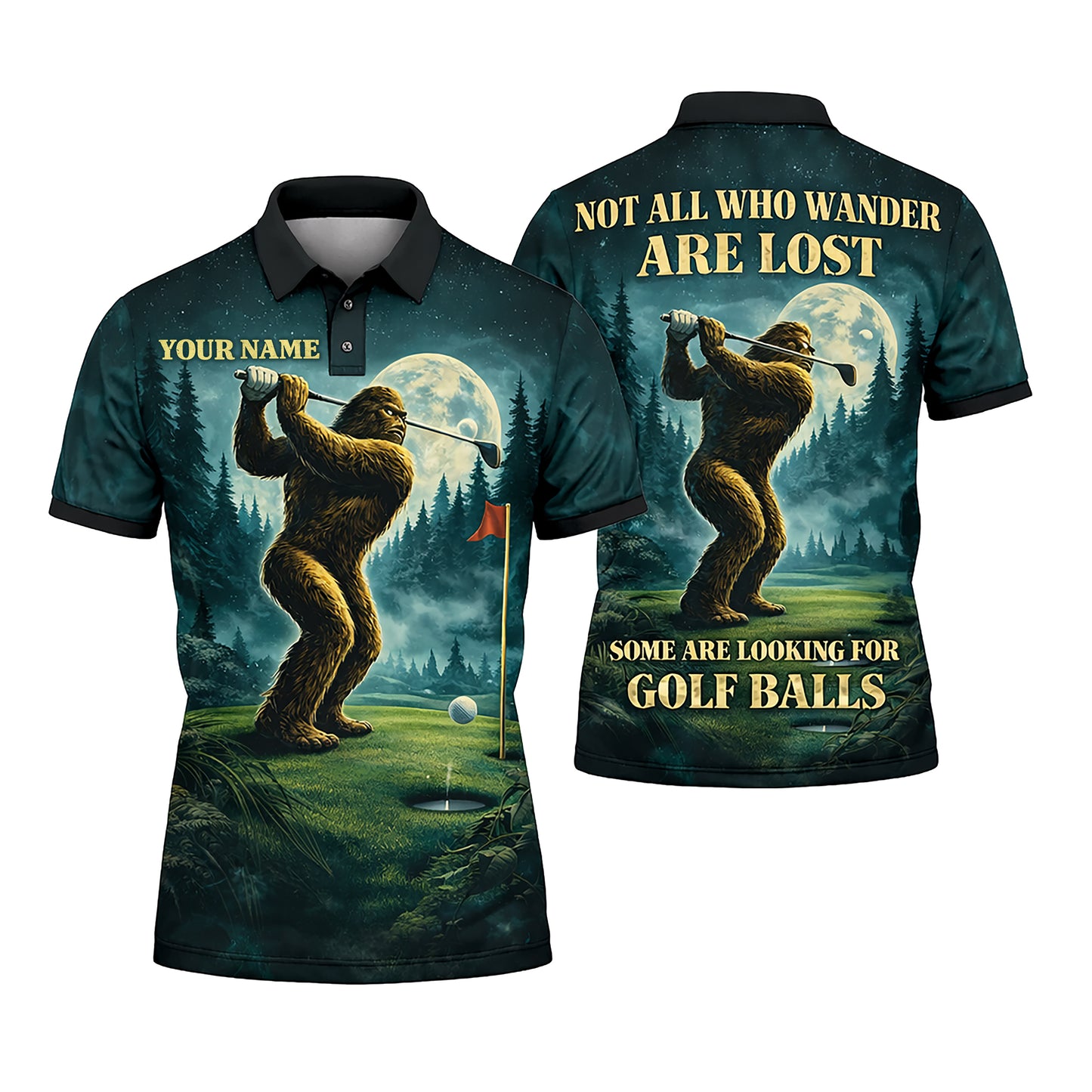 Bigfoot Golf Polo Shirt Custom Name Funny Golfer Sasquatch Moon Night Golf Shirt Gift