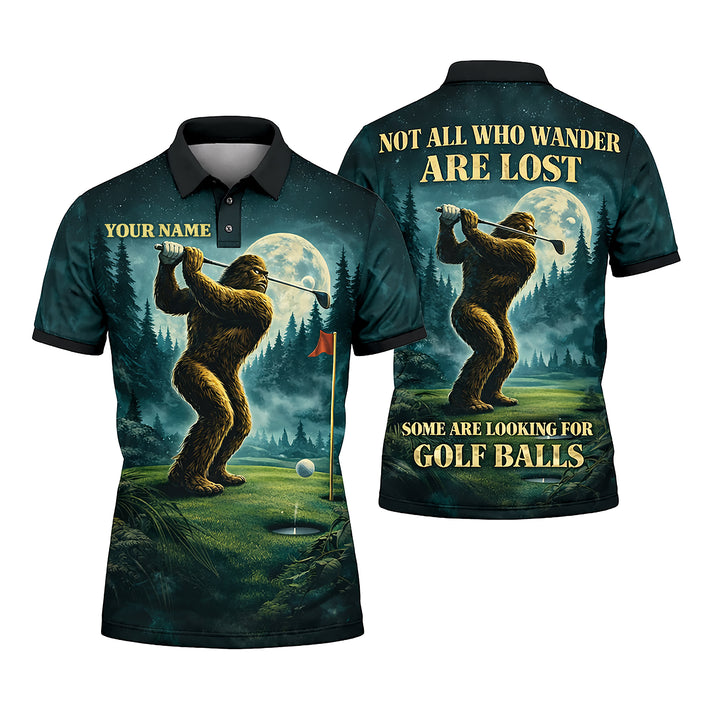 Bigfoot Golf Polo Shirt Custom Name Funny Golfer Sasquatch Moon Night Golf Shirt Gift