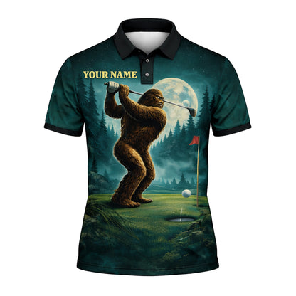 Bigfoot Golf Polo Shirt Custom Name Funny Golfer Sasquatch Moon Night Golf Shirt Gift
