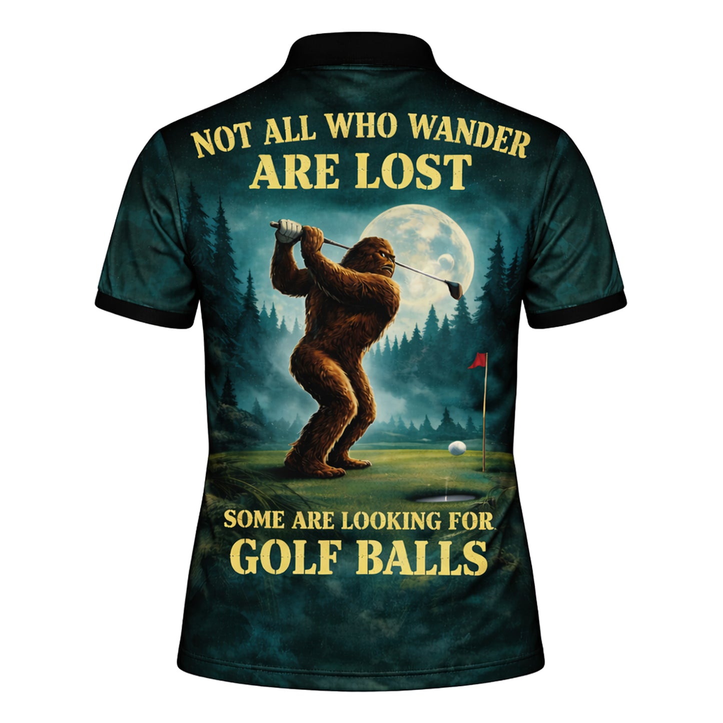 Bigfoot Golf Polo Shirt Custom Name Funny Golfer Sasquatch Moon Night Golf Shirt Gift